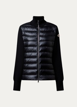 Moncler Dames Fijngebreid vest van scheerwol met gewatteerd voorpand en donsvulling in de kleur Zwart, maat: L