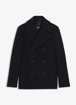 BOSS Heren Double breasted mantel in wolblend met steekzakken in de kleur Donkerblauw