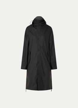Maium Dames Balmacaan regenjas met capuchon en klepzakken in de kleur Zwart, maat: L