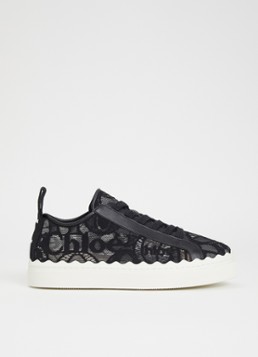 Chloé Dames Lauren sneaker van kant met kalfsleren details in de kleur Zwart, maat: 36