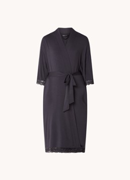 Pretty You Dames Kimono met strikceintuur en kant in de kleur Antraciet, maat: S/M