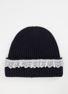 Ganni Dames Ribgebreide muts van wol met details van kant in de kleur Donkerblauw, maat: ONE SIZE