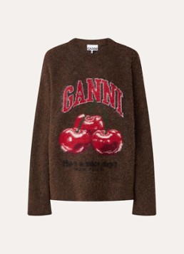 Ganni Dames Fijngebreide trui in alpaca wolblend met ingebreide print in de kleur Bruin, maat: S