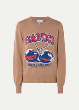 Ganni Dames Sweater met ingebreide logoprint in de kleur Camel, maat: M