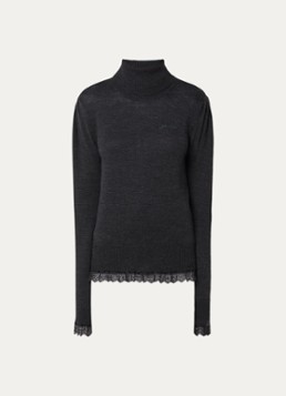 Ganni Dames Fijngebreide trui van merino wol met details van kant in de kleur Antraciet, maat: S