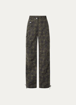 Ganni Dames High waist straight fit cargobroek met ruitdessin en bloemenprint in de kleur Olijfgroen, maat: 36