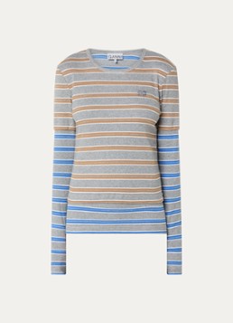 Ganni Dames Ribgebreide top met streepprint en logoborduring in de kleur Middengrijs, maat: L