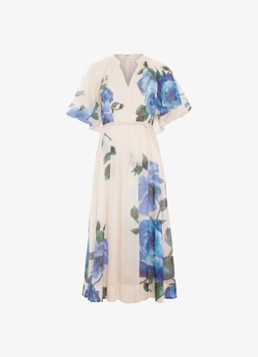 Phase Eight Dames Petite Adeline midi jurk in linnenblend met bloemenprint in de kleur Blauw