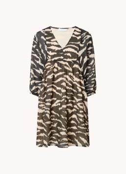 By-bar Dames Philou mini jurk met zebraprint en ballonmouw in de kleur Bronsgroen, maat: XS