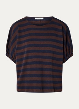 By-bar Dames Merle top met ballonmouw en streepprint in de kleur Kastanjebruin, maat: L
