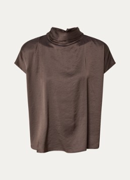 Knit-ted Dames Mira top van satijn met sjaalkraag in de kleur Donkerbruin, maat: s