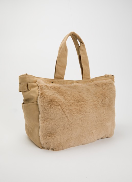 10DAYS Fluffy shopper met details van imitatiebont - achterkant zand