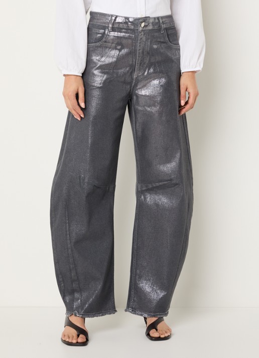 10DAYS High waist loose fit broek met metallic finish - detail zilver
