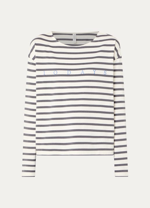 10DAYS Long sleeve met streepprint en boothals - voorkant 2 gebroken wit