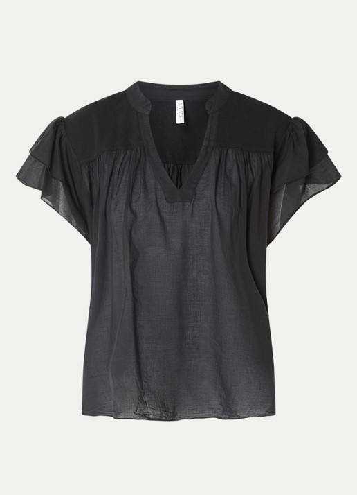 10DAYS Semi-transparante top met V-hals - voorkant 2 zwart