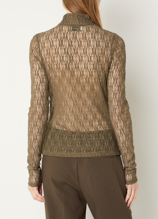 Aaiko Amy semi-transparante top met broderie - achterkant olijfgroen