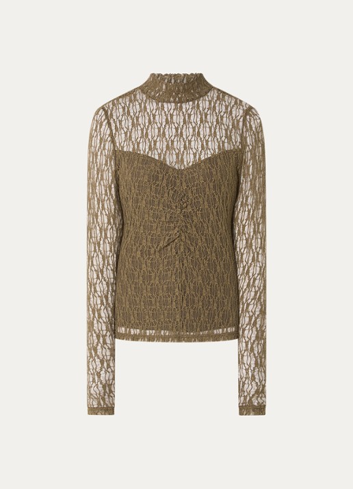 Aaiko Amy semi-transparante top met broderie - voorkant 2 olijfgroen
