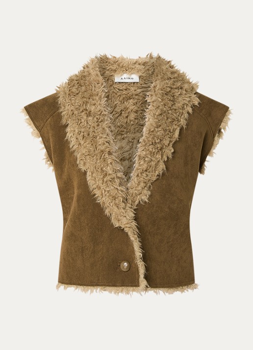 Aaiko Avrelle gilet van imitatiesuède met details van imitatiebont - voorkant 3 mosgroen