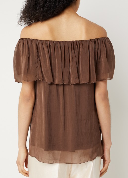 Aaiko Caprice off shoulder top in zijdeblend - achterkant 4 donkerbruin