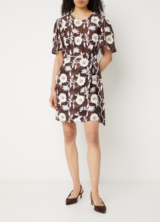 Aaiko Celina mini jurk met ceintuur en bloemenprint - voorkant 3 donkerbruin
