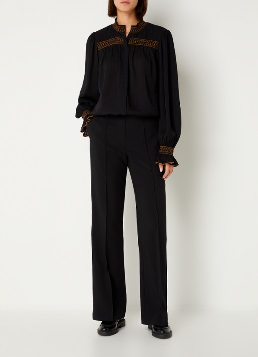 Aaiko Chantalle high waist wide fit pantalon met persplooi en structuur - voorkant 2 zwart