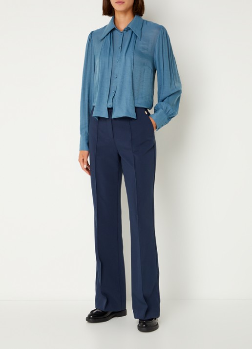 Aaiko Chantalle high waist wide fit pantalon met persplooi en structuur - voorkant 2 donkerblauw