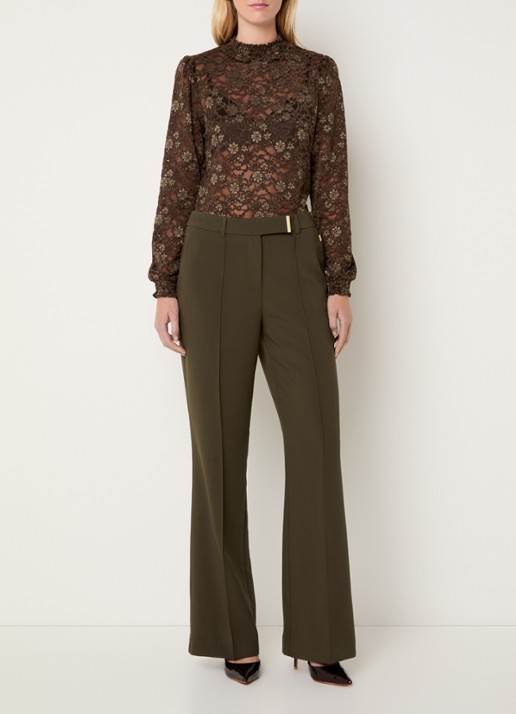 Aaiko Chantalle high waist wide fit pantalon met persplooi en structuur - voorkant 4 bronsgroen