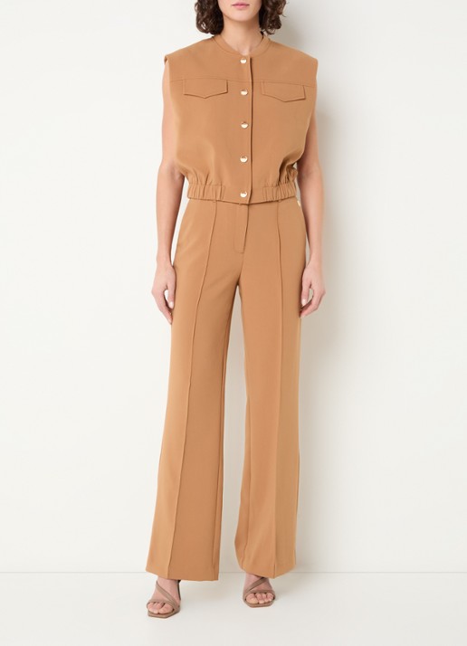 Aaiko Chantalle high waist wide fit pantalon met persplooi en structuur - voorkant 4 camel