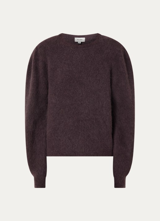 Aaiko Denize fijngebreide trui in alpaca wolblend met ballonmouw - voorkant 2 aubergine