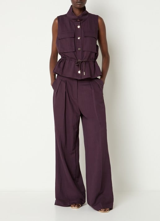 Aaiko Frederique high waist wide fit pantalon met steekzakken - voorkant 3 aubergine