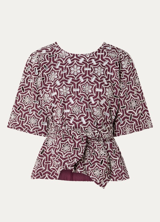 Aaiko Georgie top met strikceintuur en opengewerkt dessin - voorkant aubergine