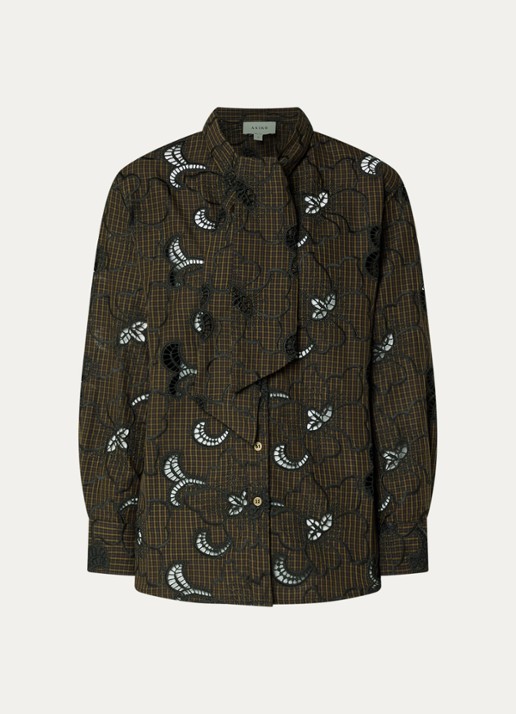 Aaiko Janesse blouse met ruitdessin en broderie  - voorkant 2 bruin
