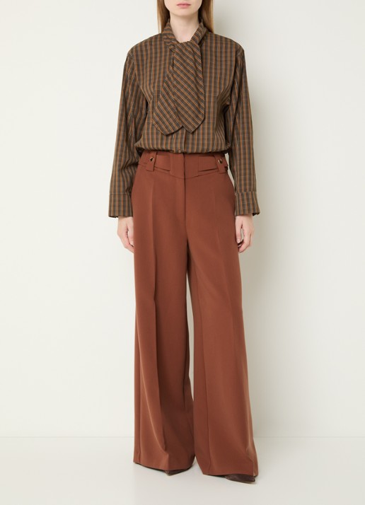 Aaiko Janesse blouse met ruitdessin en sjaalkraag - voorkant 3 bruin