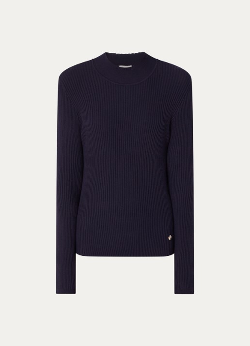 Aaiko Jaro ribgebreide trui met opstaande kraag - voorkant donkerblauw