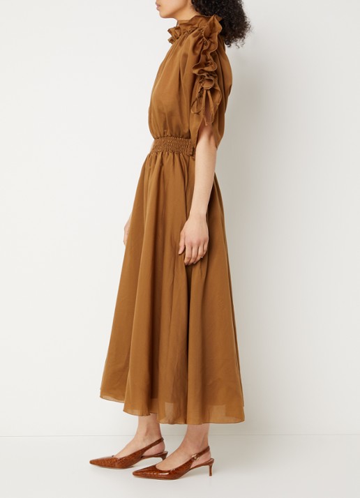 Aaiko Lily midi jurk met smockwerk - voorkant 3 cognac