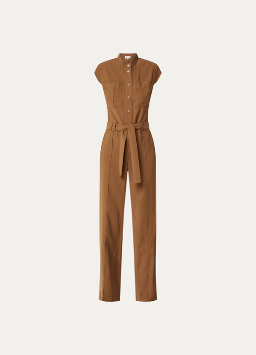Aaiko Lisanna flared jumpsuit met strikceintuur - voorkant cognac