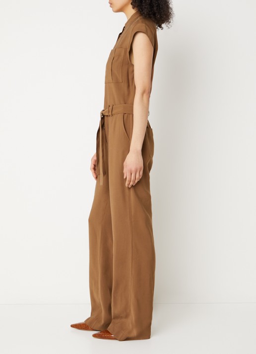 Aaiko Lisanna flared jumpsuit met strikceintuur - voorkant 2 cognac
