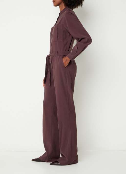 Aaiko Lise straight fit jumpsuit met strikceintuur - voorkant 2 taupe