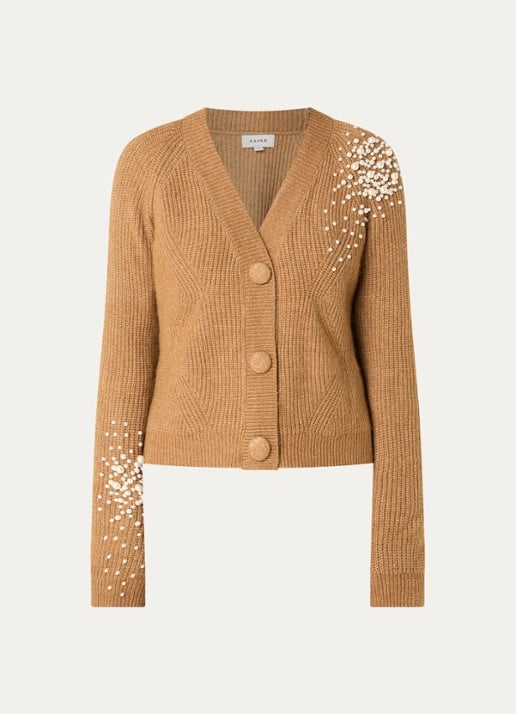 Aaiko Loric grofgebreide vest met imitatieparels - voorkant 3 camel