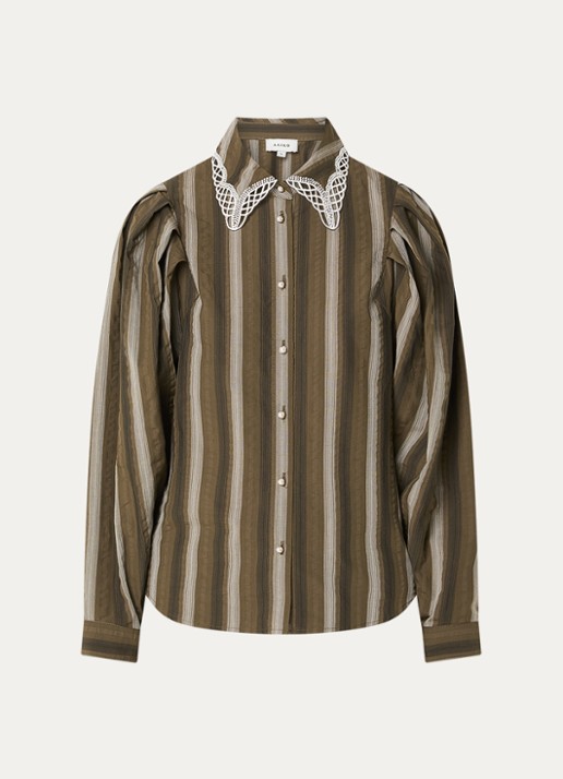 Aaiko Lorven blouse met streepprint en pofmouw - voorkant olijfgroen