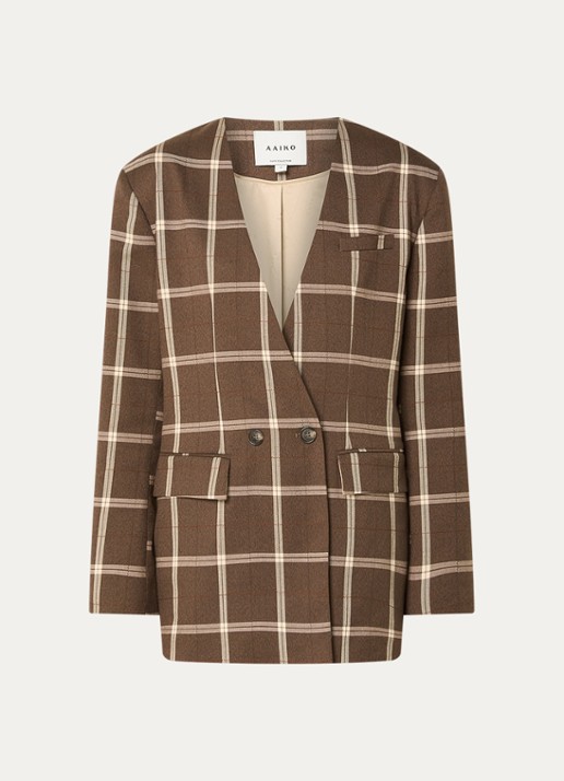 Aaiko Luray oversized double-breasted blazer met ruitdessin en klepzakken - voorkant 2 bruin