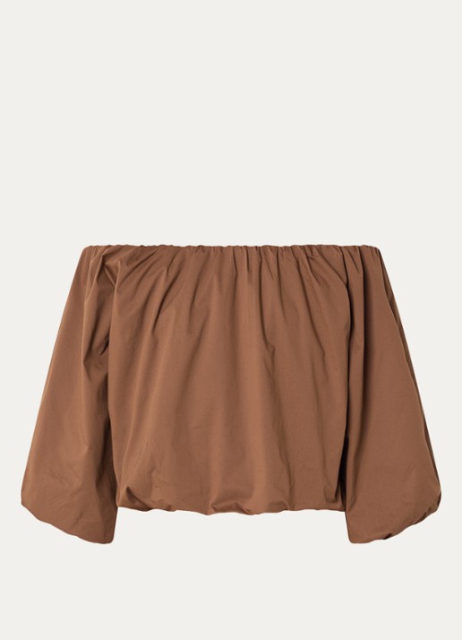 Aaiko Maddy Popline off shoulder top met pofmouw - voorkant 3 hazelnootbruin