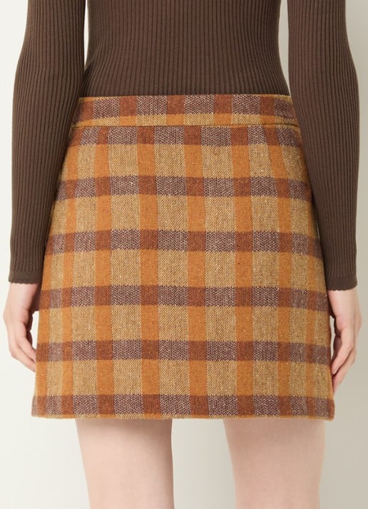 Aaiko Nasla minirok in wolblend met ruitdessin - achterkant cognac