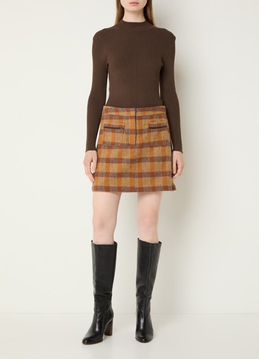 Aaiko Nasla minirok in wolblend met ruitdessin - voorkant 4 cognac