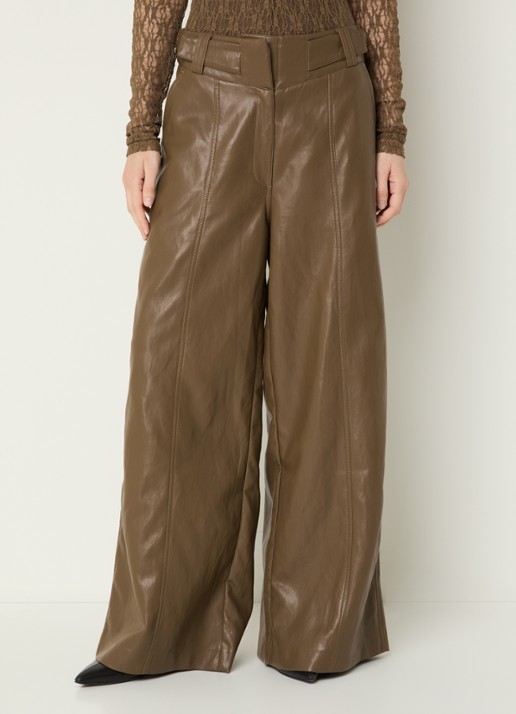 Aaiko Nore high waist wide fit broek van imitatieleer - detail mosgroen