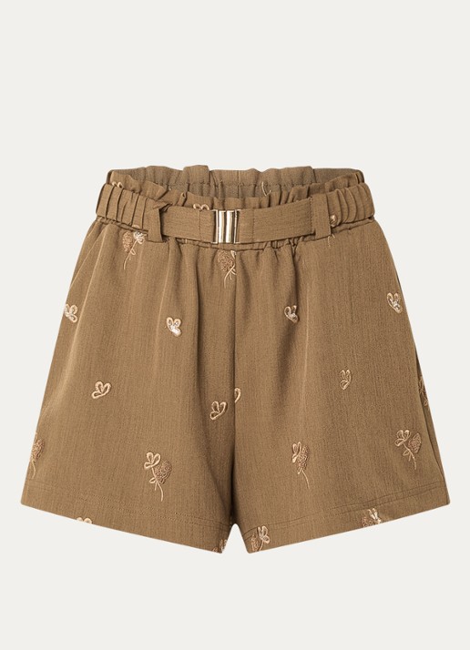 Aaiko Rikkie high waist loose fit korte broek met pailletten en borduring - voorkant 2 mosgroen