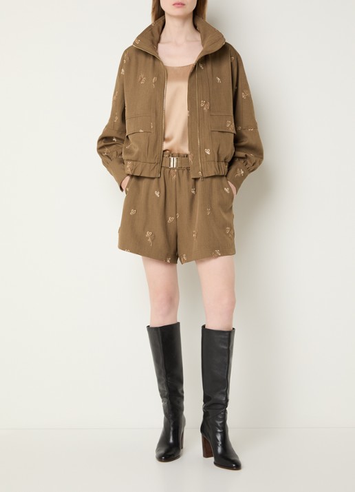 Aaiko Rikkie high waist loose fit korte broek met pailletten en borduring - voorkant 3 mosgroen