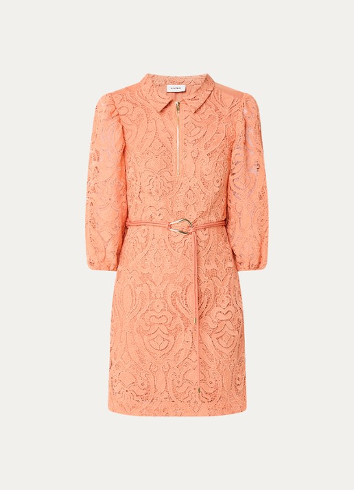 Aaiko Semira mini tuniekjurk met broderie en strikceintuur - voorkant oranje