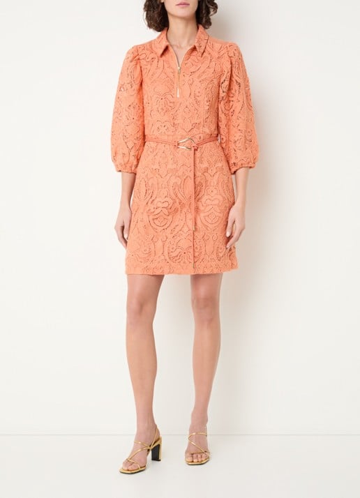 Aaiko Semira mini tuniekjurk met broderie en strikceintuur - voorkant 2 oranje