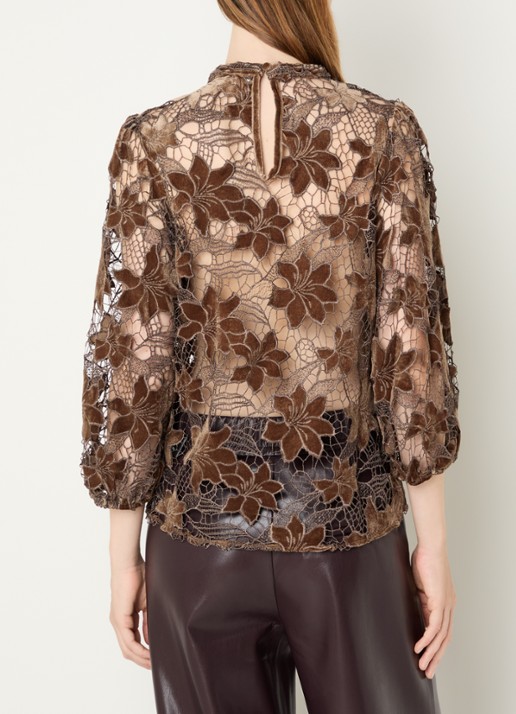 Aaiko Shaila semi-transparante top met opengewerkt dessin - achterkant 4 donkerbeige